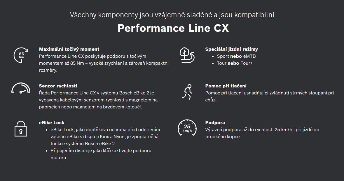 Performance Line CX je výkonný a&nbsp;dynamický pohon pro intuitivní ovládání a&nbsp;jedinečný dojem z&nbsp;jízdy. Drží s&nbsp;vámi krok až na hranici možností – pro ještě větší radost z&nbsp;jízdy v&nbsp;technicky náročném terénu. V&nbsp;Chytrém Systému je pohonná jednotka zcela propojena s&nbsp;ostatními komponenty vašeho eBiku. S&nbsp;aplikací eBike Flow můžete využívat digitální funkce, jako je sledování aktivity či eBike Lock, a udržovat svůj eBike aktuální i v&nbsp;budoucnu.
